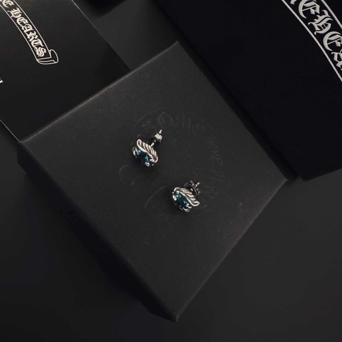 Chrome Hearts Chroma Charts Silver Blue Gemstone Stud Earrings